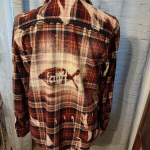 Upcycled Flannel Shirt ~ LACE trim / Bleached / Spiritual Faith Fish / Unique